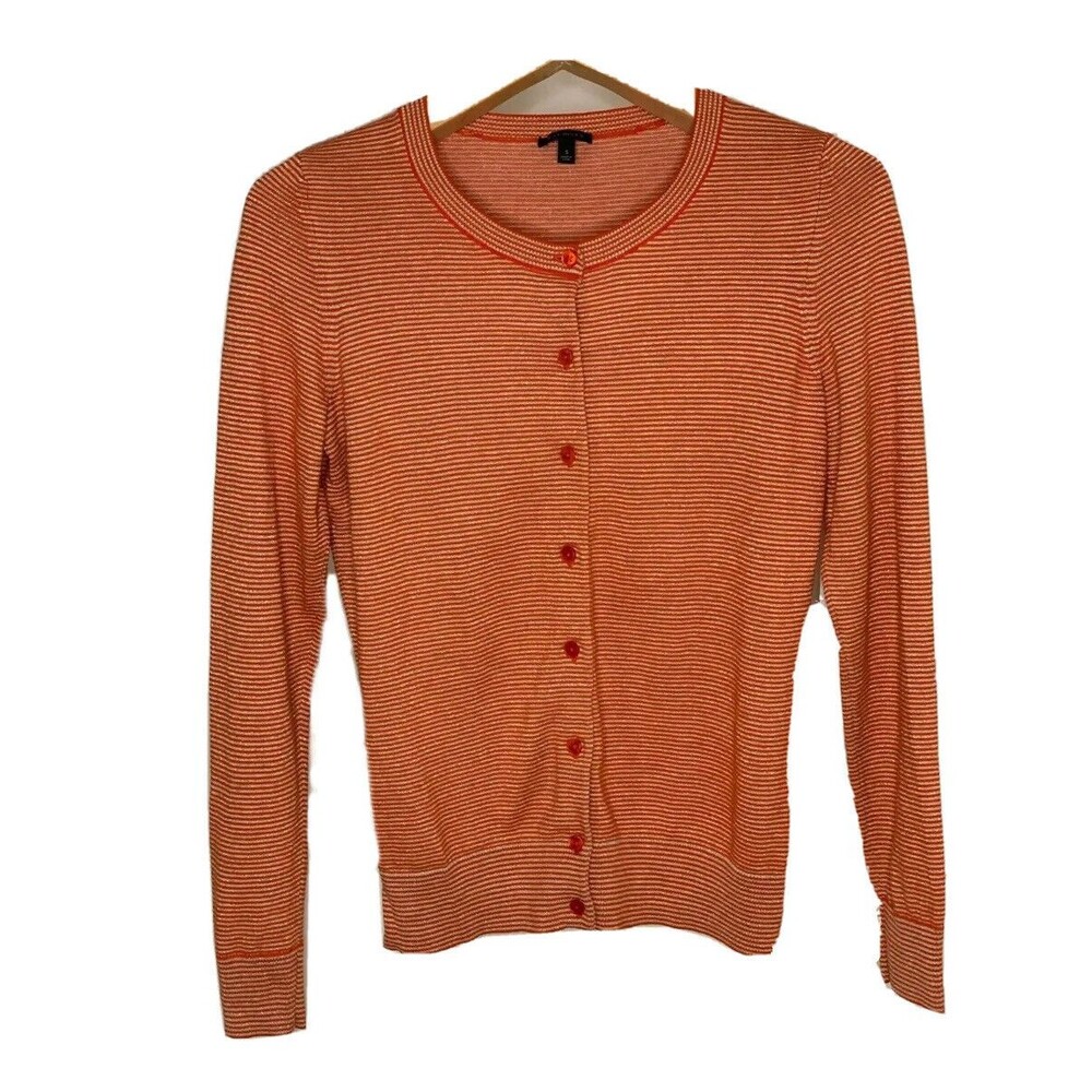 Talbots Sweater Womens Small Red Metallic Gold Glitter Stripe Long Sleeve Button